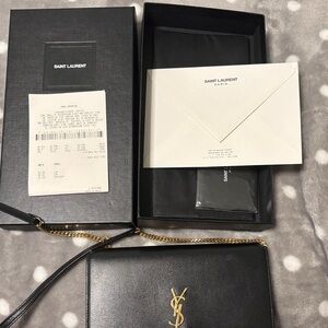 Saint Laurent Black Leather Chain Wallet with Gold Hardware